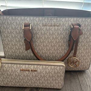 Michael Kors Cream and Tan Signature Tote and Wallet
